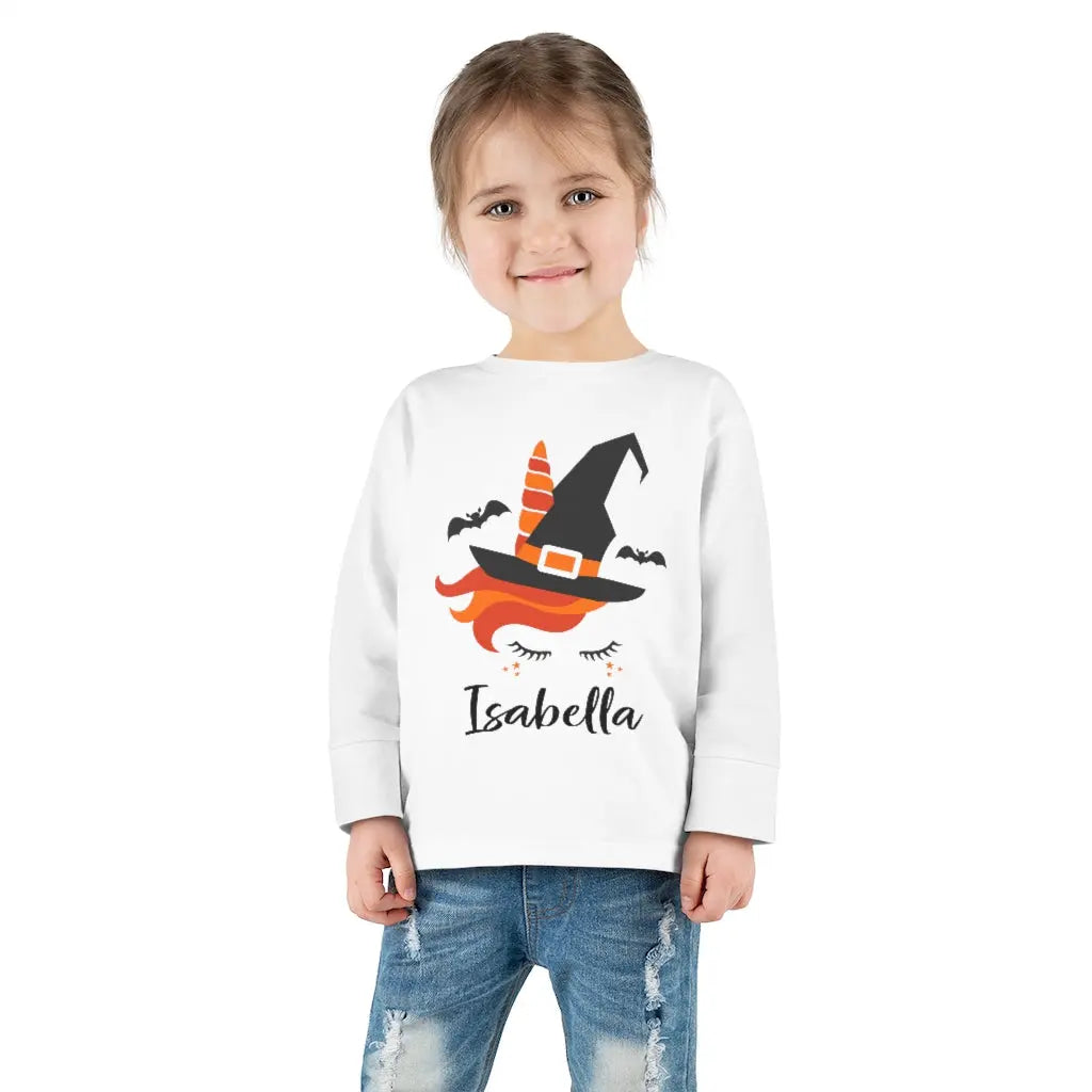 Halloween Unicorn Witch Personalized Toddler Long Sleeve Tee, Trick or Treat Shirt Printify
