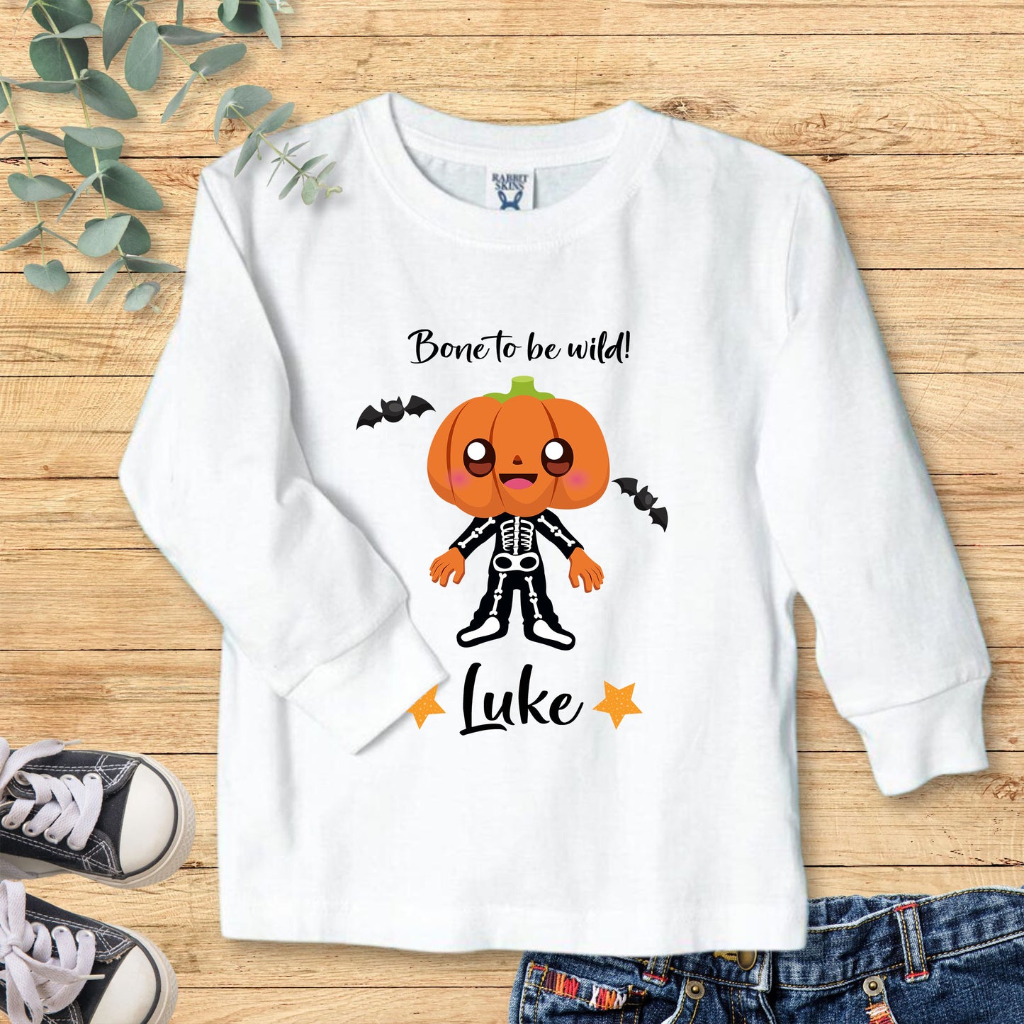 Halloween Bone to be Wild Pumpkin Skeleton Toddler Long Sleeve Tee - Amazing Faith Designs