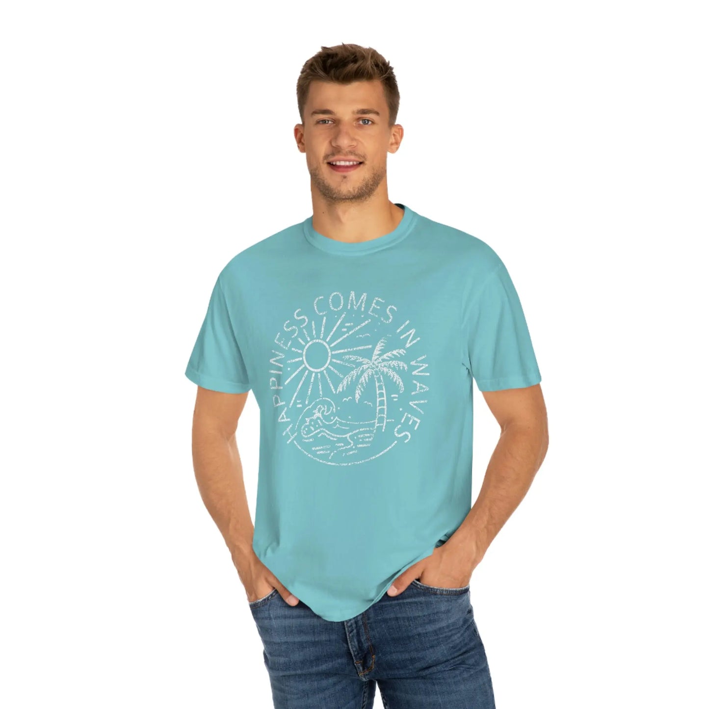 Happiness Comes in Waves Garment-Dyed T-shirt, Beach Shirt Printify