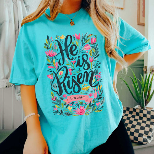 He Is Risen Floral Unisex Christian Easter T-Shirt - Amazing Faith Designs