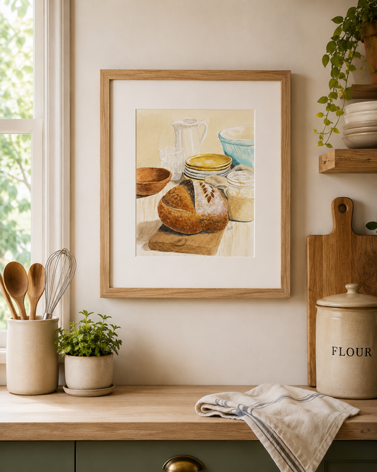 Sourdough Bread and Starter Watercolor Painting or Print– Original Kitchen Wall Art Gift for Bakers