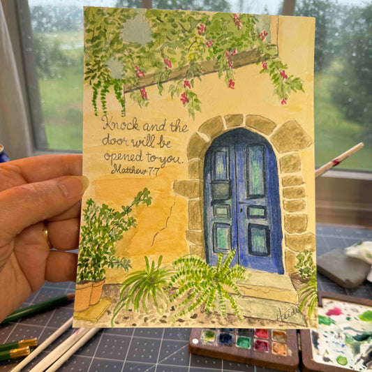 Knock at the Door | Watercolor Painting, Rhodes Blue Door - Amazing Faith Designs