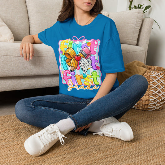 First Grade Teacher T-Shirt - Cute Back-to-School Bow & Pencil Design