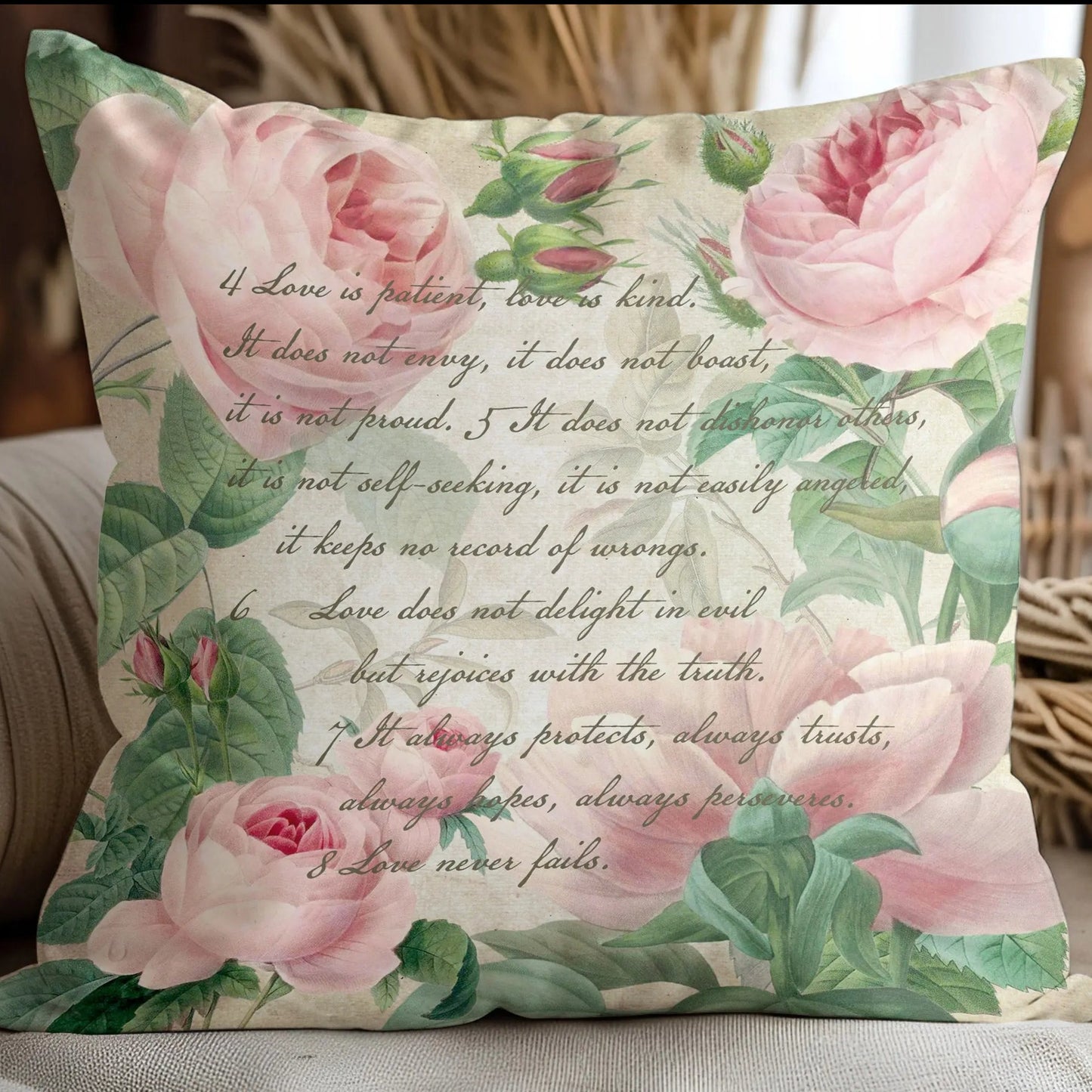 Love is Pink Floral Spun Polyester Square Pillowcase Printify