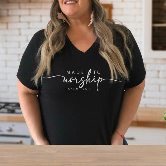 Made to Worship Black Christian V-Neck Tee Printify