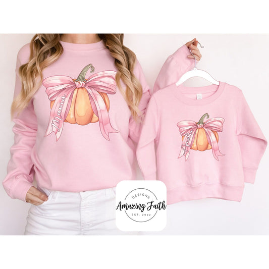 Matching Mama Pumpkin Coquette Pink Sweatshirt - Amazing Faith Designs