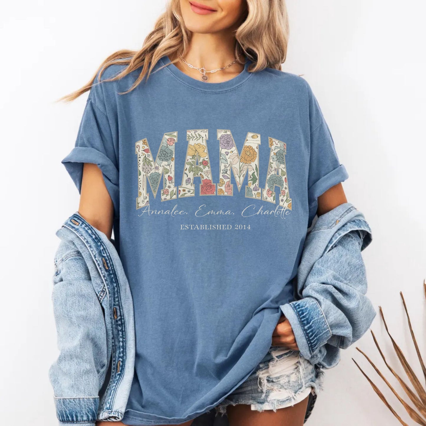 Mama Grandma Wildflowers Personalized with Kids Garment Dyed Shirt - Amazing Faith Designs