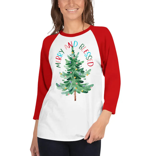 Merry and Blessed Christmas 3/4 sleeve raglan shirt Amazing Faith Designs