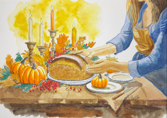 Painting of a person at a festive table with pumpkins, candles and sourdough bread.