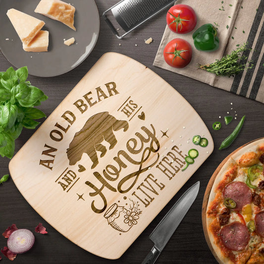 Old Bear and His Honey Wood Cutting Board, Cute Cutting Board, Grandpa Gift, Grandma Gift teelaunch