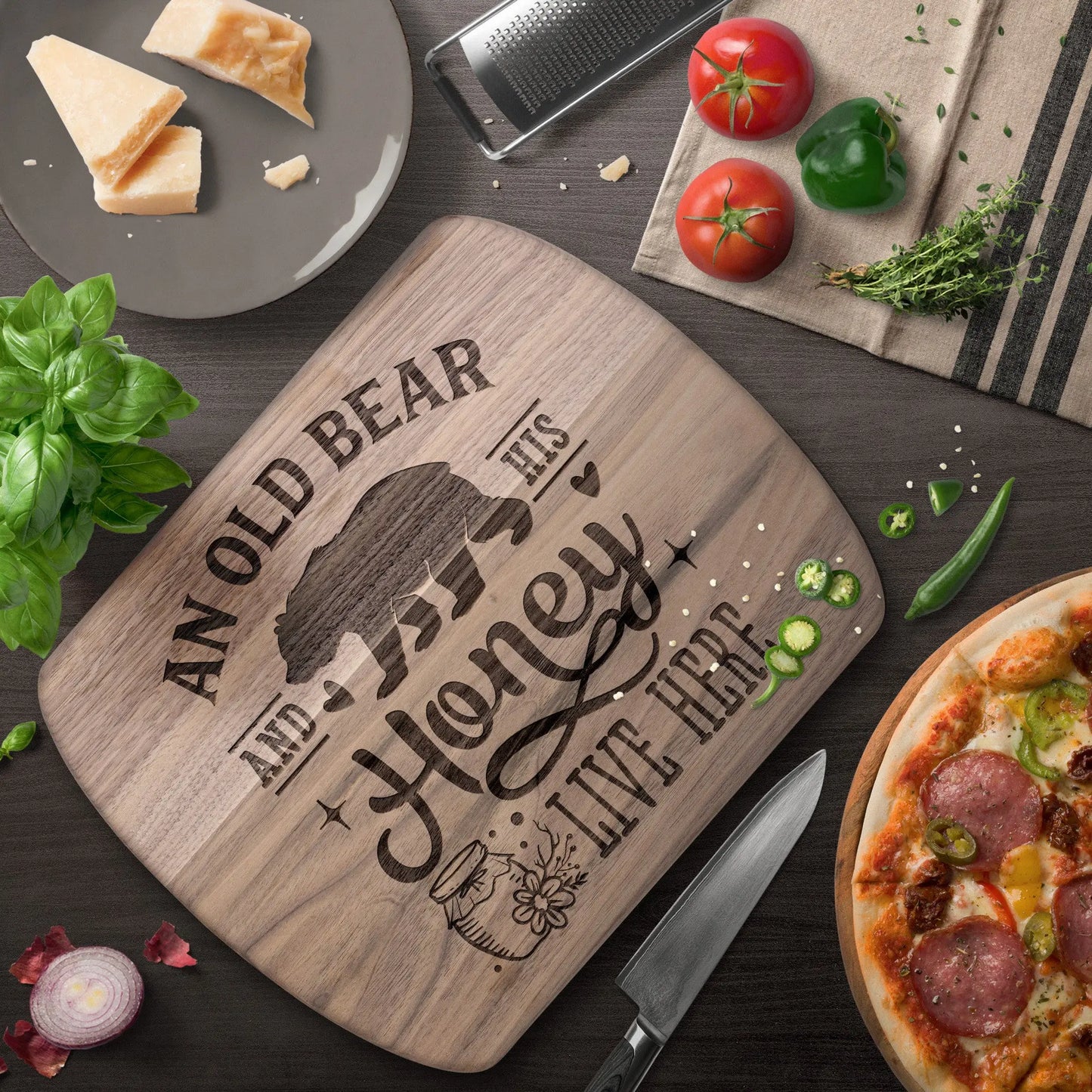 Old Bear and His Honey Wood Cutting Board, Cute Cutting Board, Grandpa Gift, Grandma Gift teelaunch