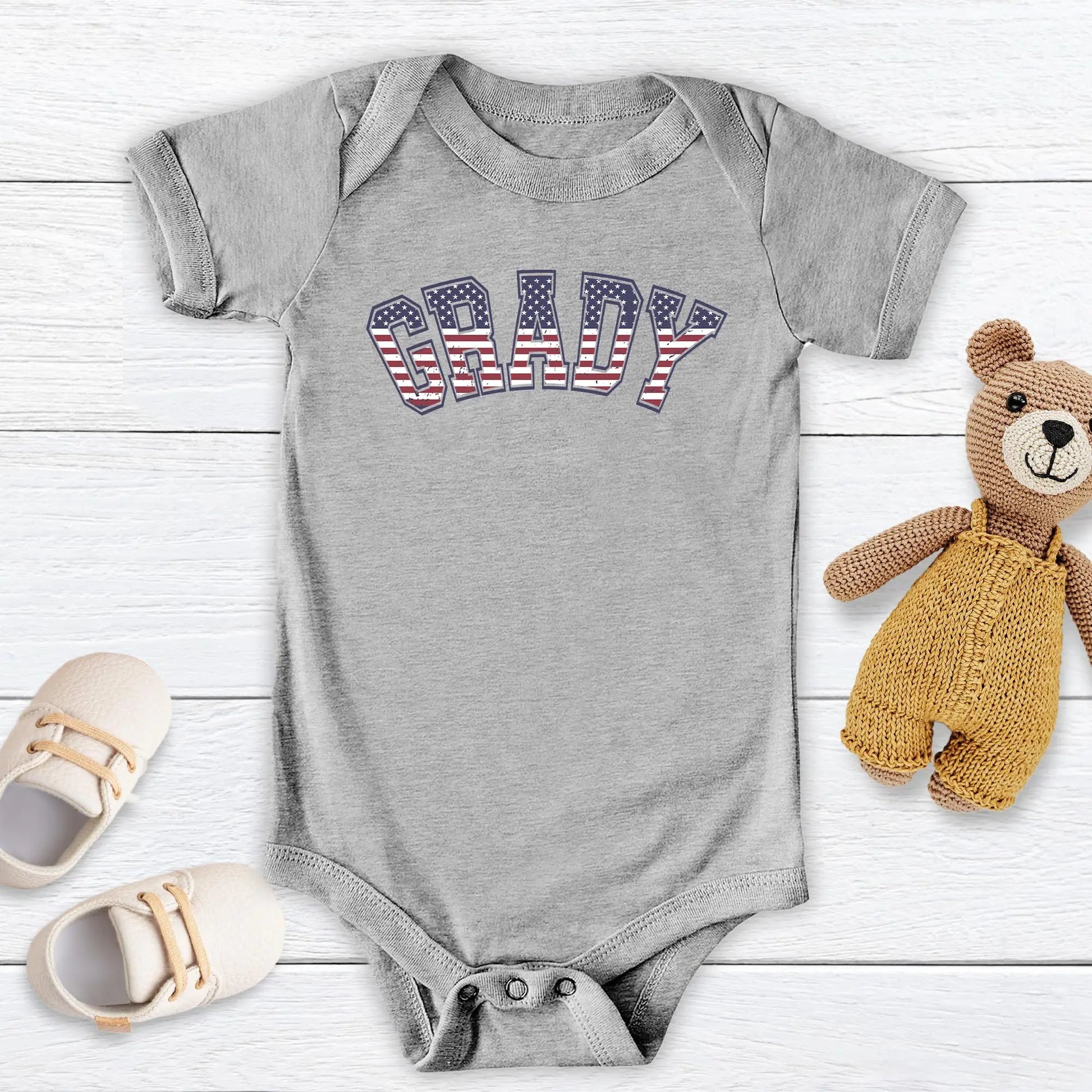 Personalized American Flag Baby short sleeve Onesie Amazing Faith Designs