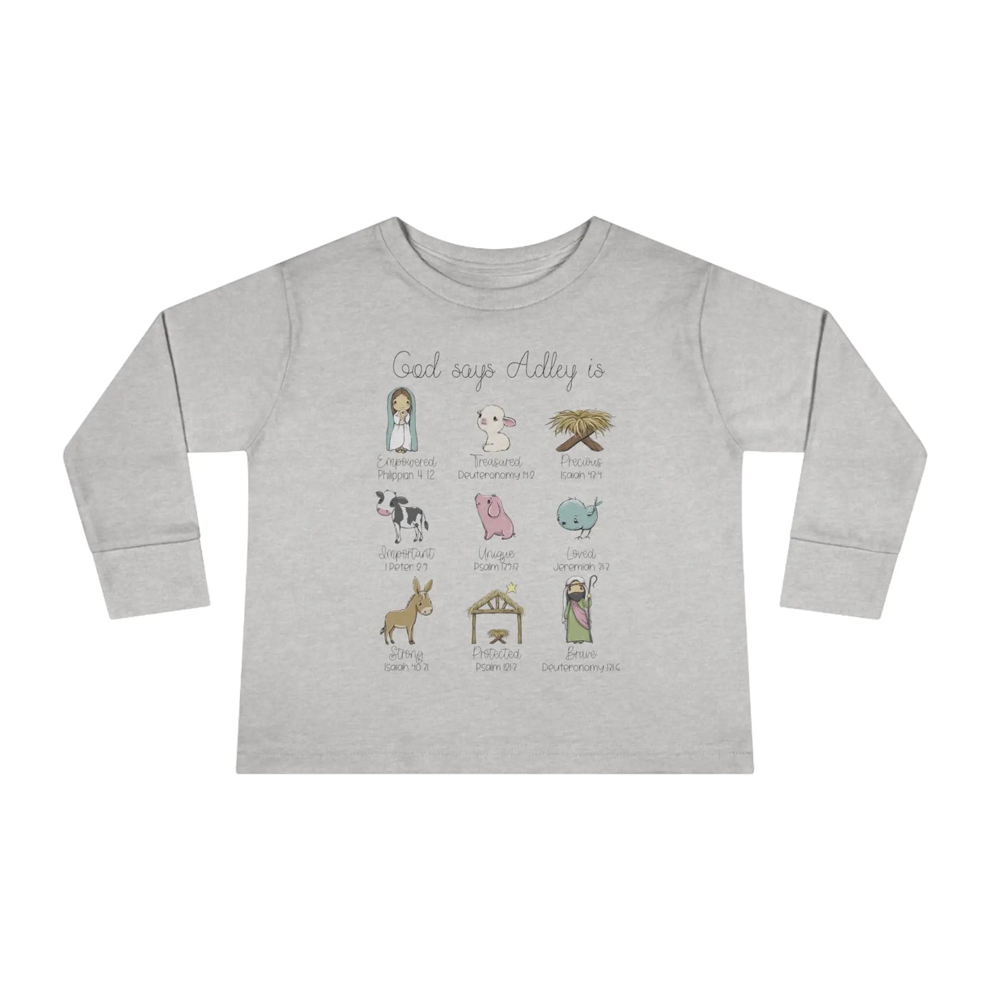Personalized Nativity Toddler Long Sleeve Tee, God Says You Are... Printify