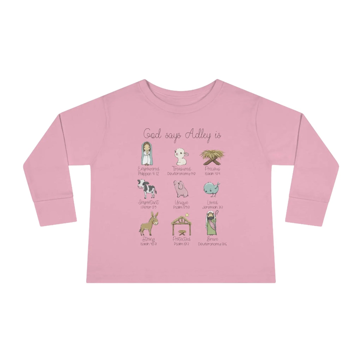 Personalized Nativity Toddler Long Sleeve Tee, God Says You Are... Printify