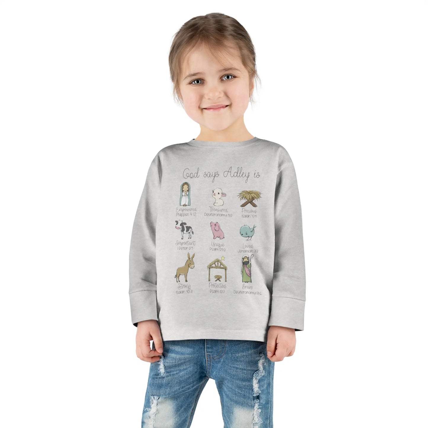 Personalized Nativity Toddler Long Sleeve Tee, God Says You Are... Printify