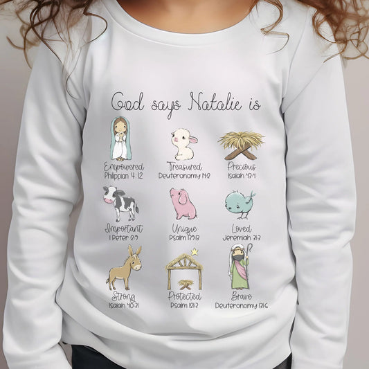Personalized Nativity Toddler Long Sleeve Tee, God Says You Are... Printify