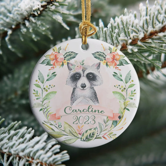 Raccoon Girls Personalized Ceramic Ornament, Woodland Animals Ornament Printify