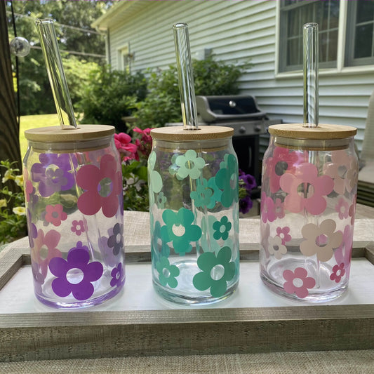 Retro Daisy Iced Coffee Cup with Lid & Straw, 16oz Tumbler, Ombre Flowers Amazing Faith Designs