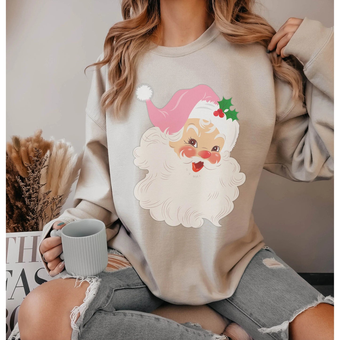 Retro Santa Sweatshirt, Christmas Sweatshirt, Santa Claus Sweatshirt, Pink Christmas Sweatshirt Printify