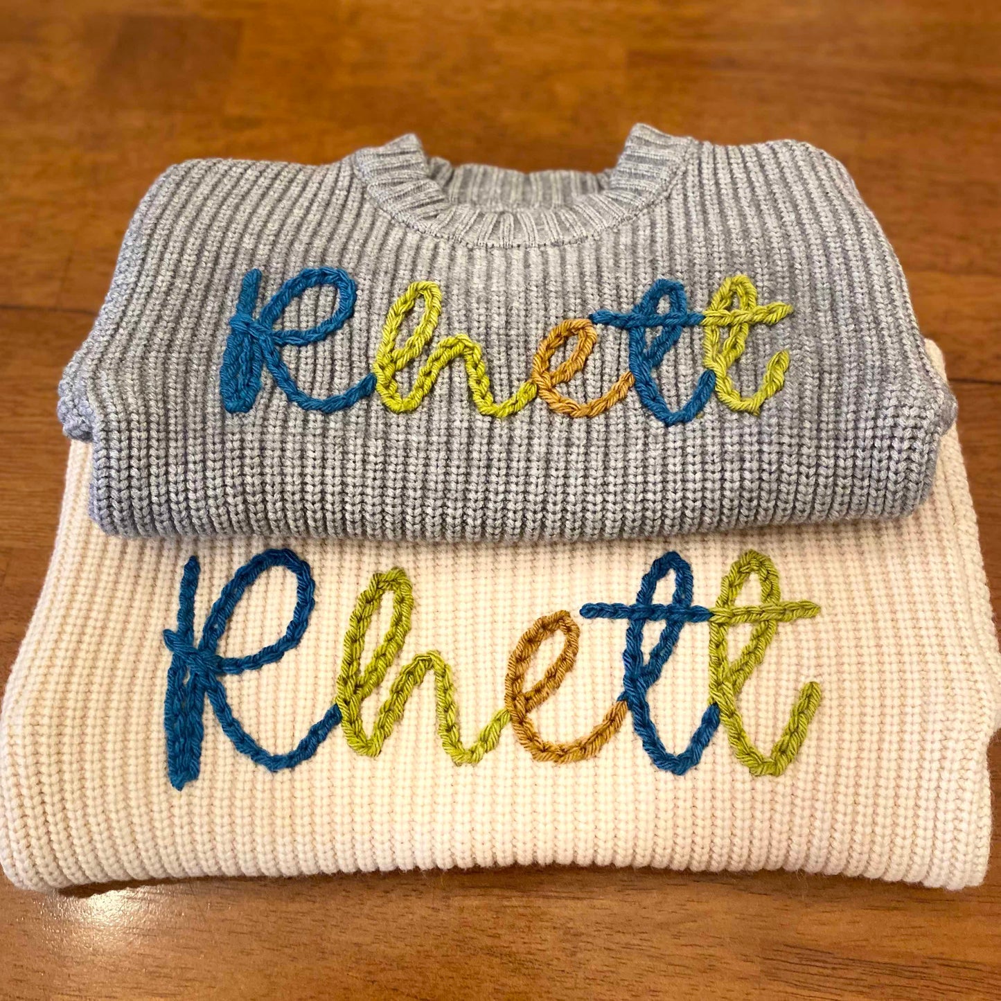 Hand Embroidered Name Sweater - three yarn colors - Amazing Faith Designs