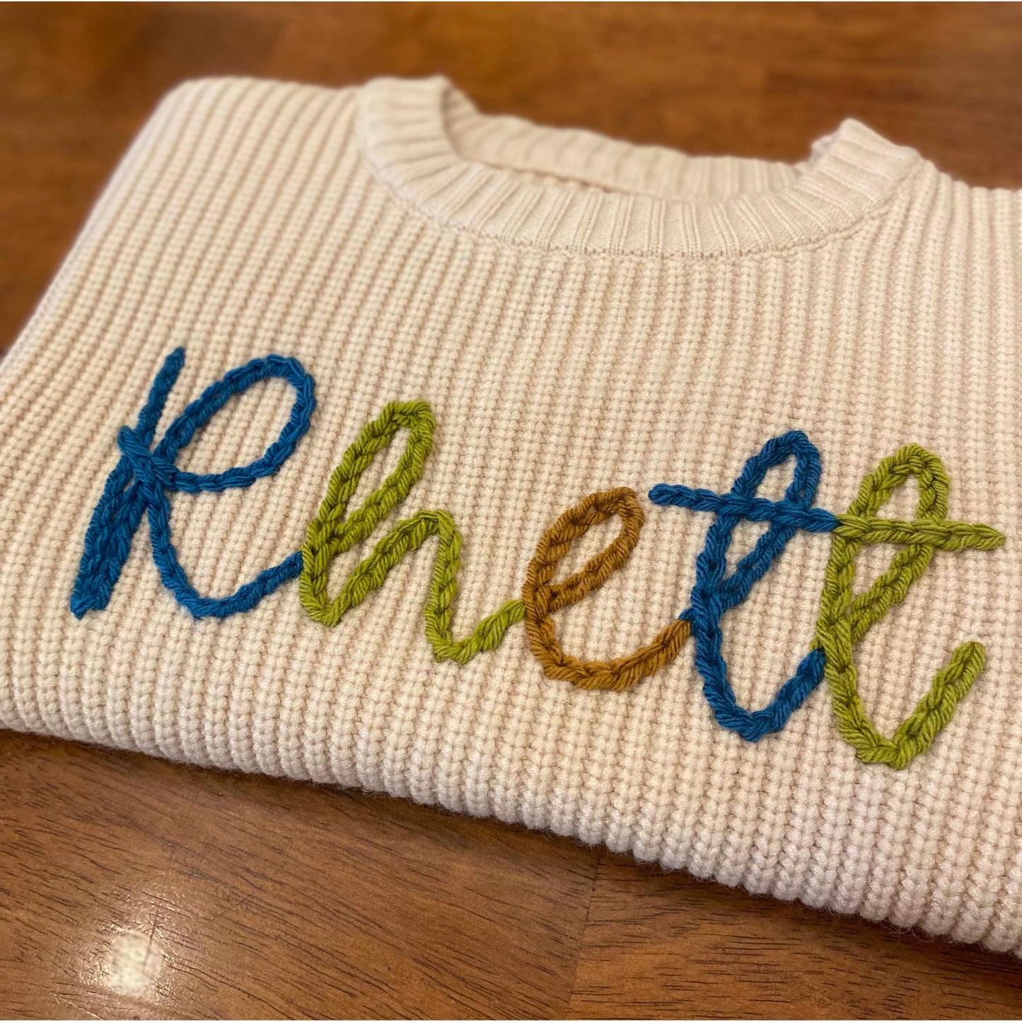 Hand Embroidered Name Sweater - three yarn colors - Amazing Faith Designs