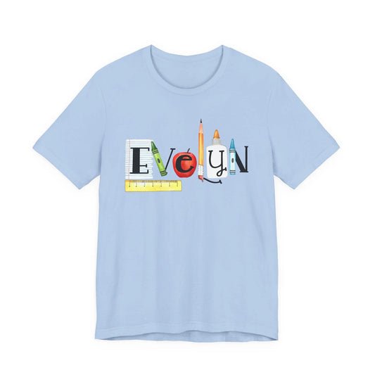 Teacher Back-to-School Name T-Shirt — Colorful School Supply Letter Design Printify