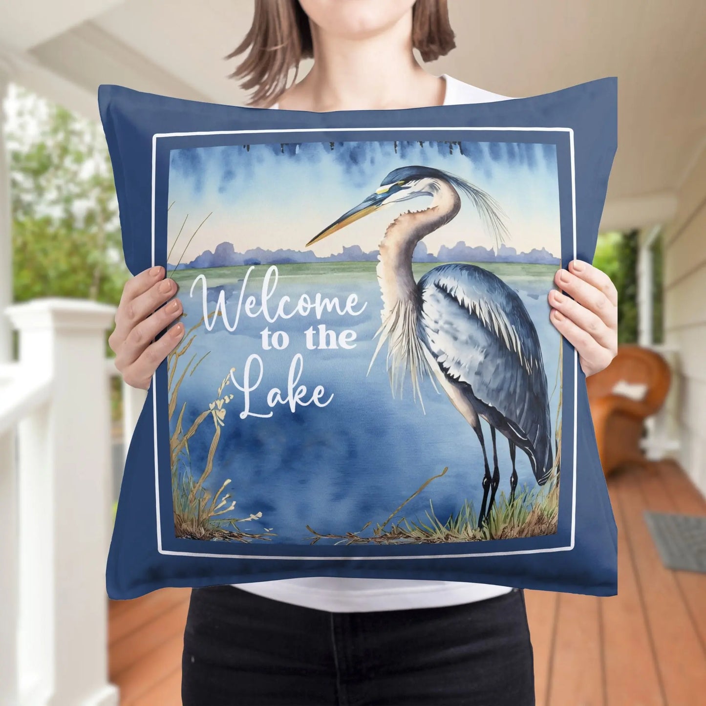 Welcome to the Lake Blue Heron Square Pillowcase Printify