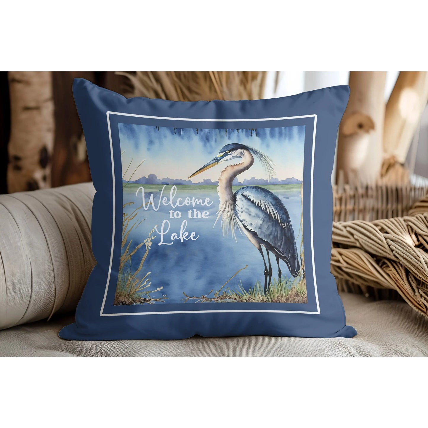 Welcome to the Lake Blue Heron Square Pillowcase Printify