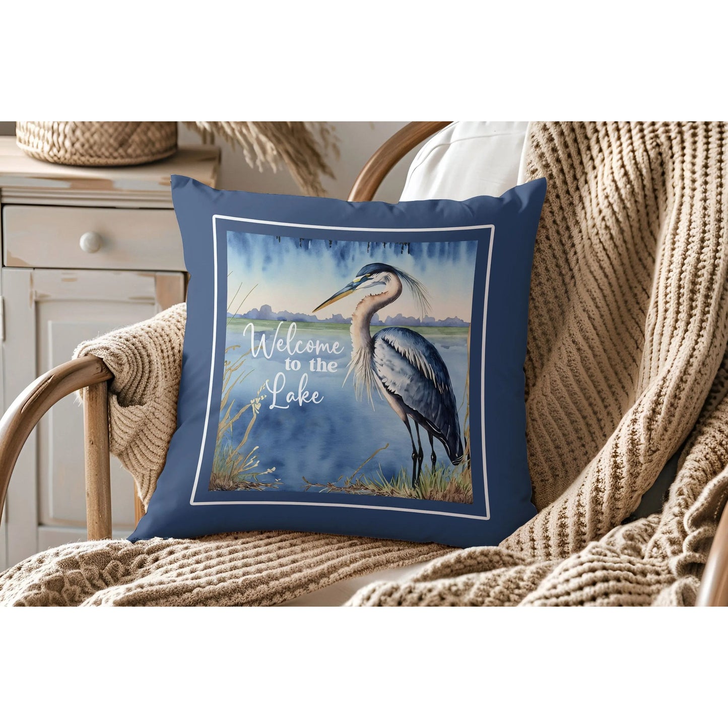 Welcome to the Lake Blue Heron Square Pillowcase Printify