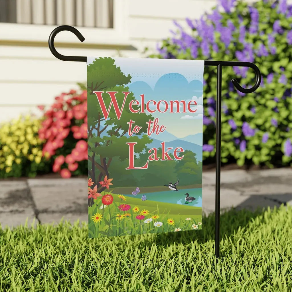 Welcome to the Lake Garden Flag - Loons and Flowers - Amazing Faith Designs