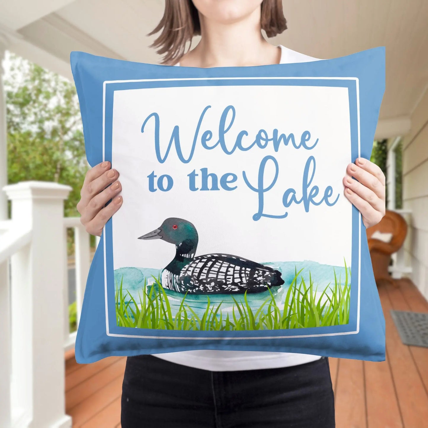 Welcome to the Lake Loon Spun Polyester Square Pillowcase Printify