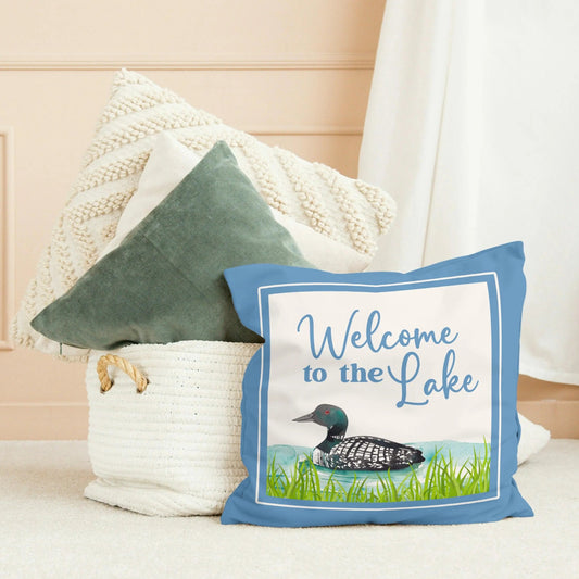 Welcome to the Lake Loon Spun Polyester Square Pillowcase Printify