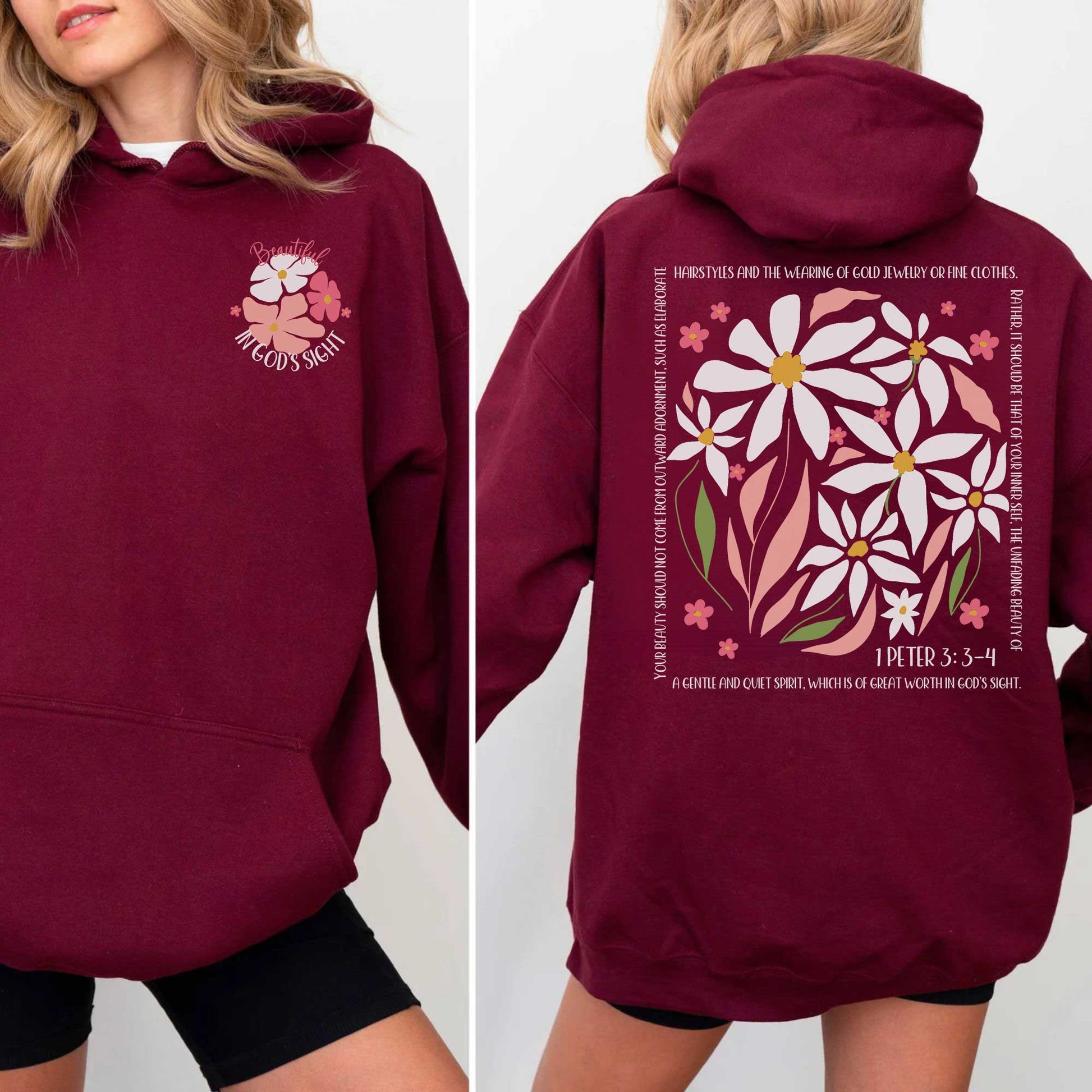 Beautiful in God's Sight Unisex Hooded Sweatshirt - Floral Design with Inspirational Quote - Amazing Faith Designs