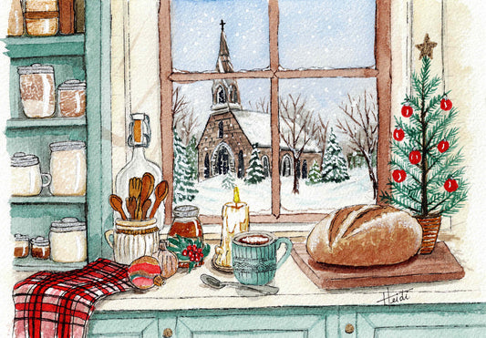 Watercolor Painting of a Kitchen scene with a window view of a snowy village, Christmas decorations and sourdough bread.