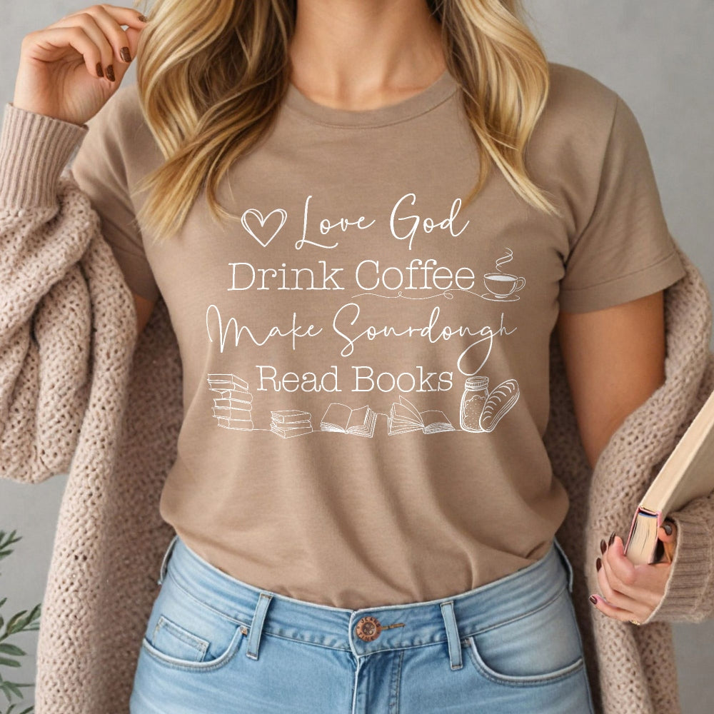 God Coffee Sourdough Books Shirt - Amazing Faith Designs