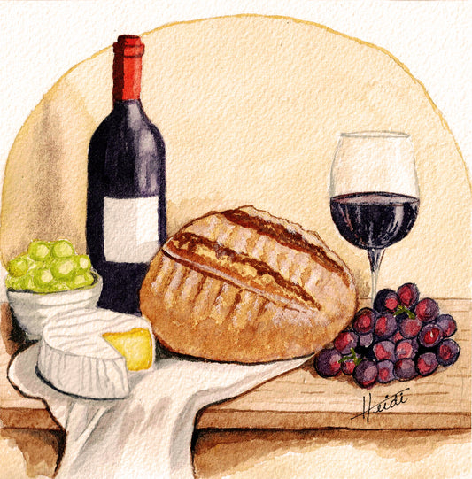 Wine and Bread: A Sourdough Still Life Original Watercolor or Fine Art Print - Amazing Faith Designs