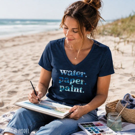 Water. Paper. Paint. Watercolor Artist V-Neck T-Shirt