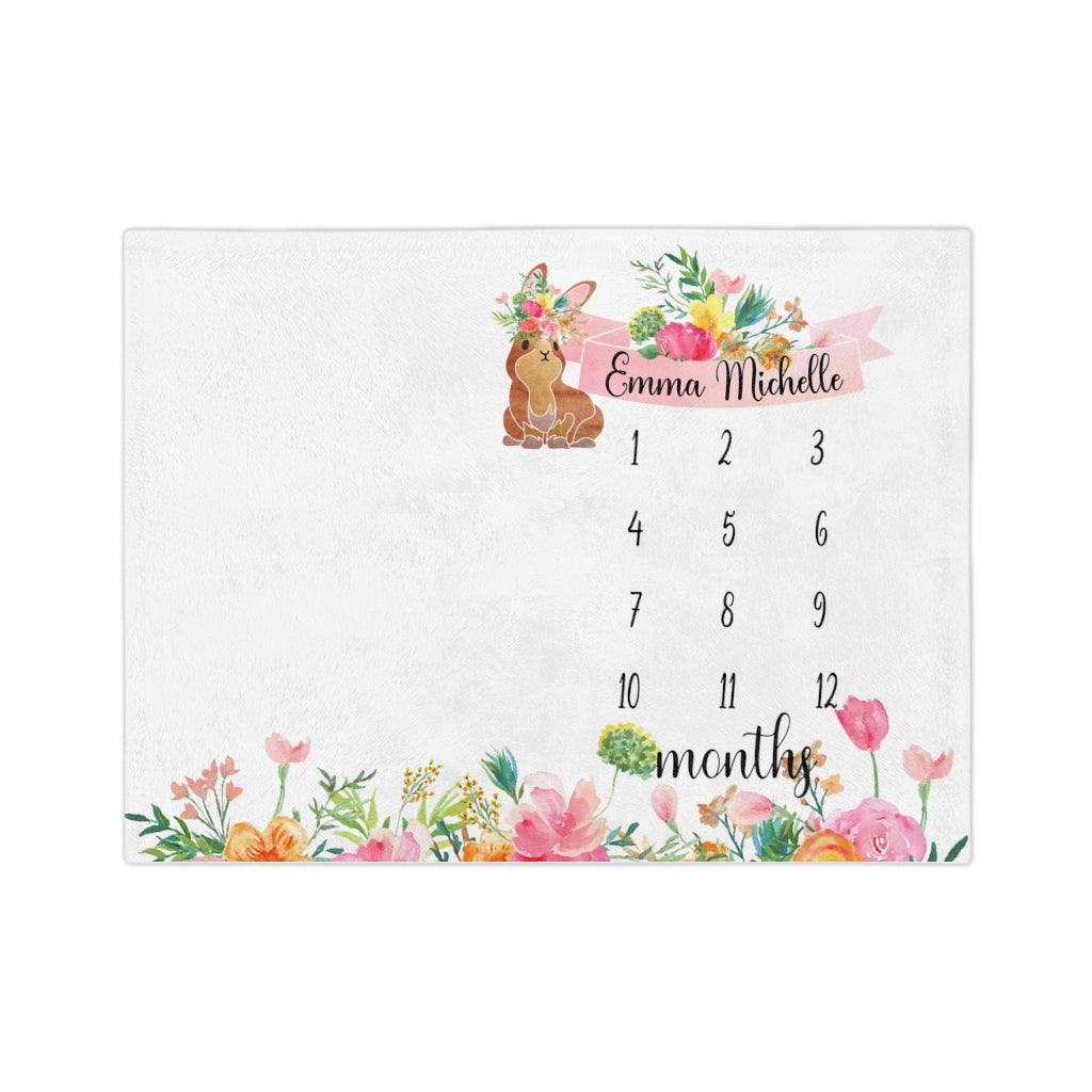Personalized Baby Milestone Minky Blanket with Pink Floral Bunny - Amazing Faith Designs