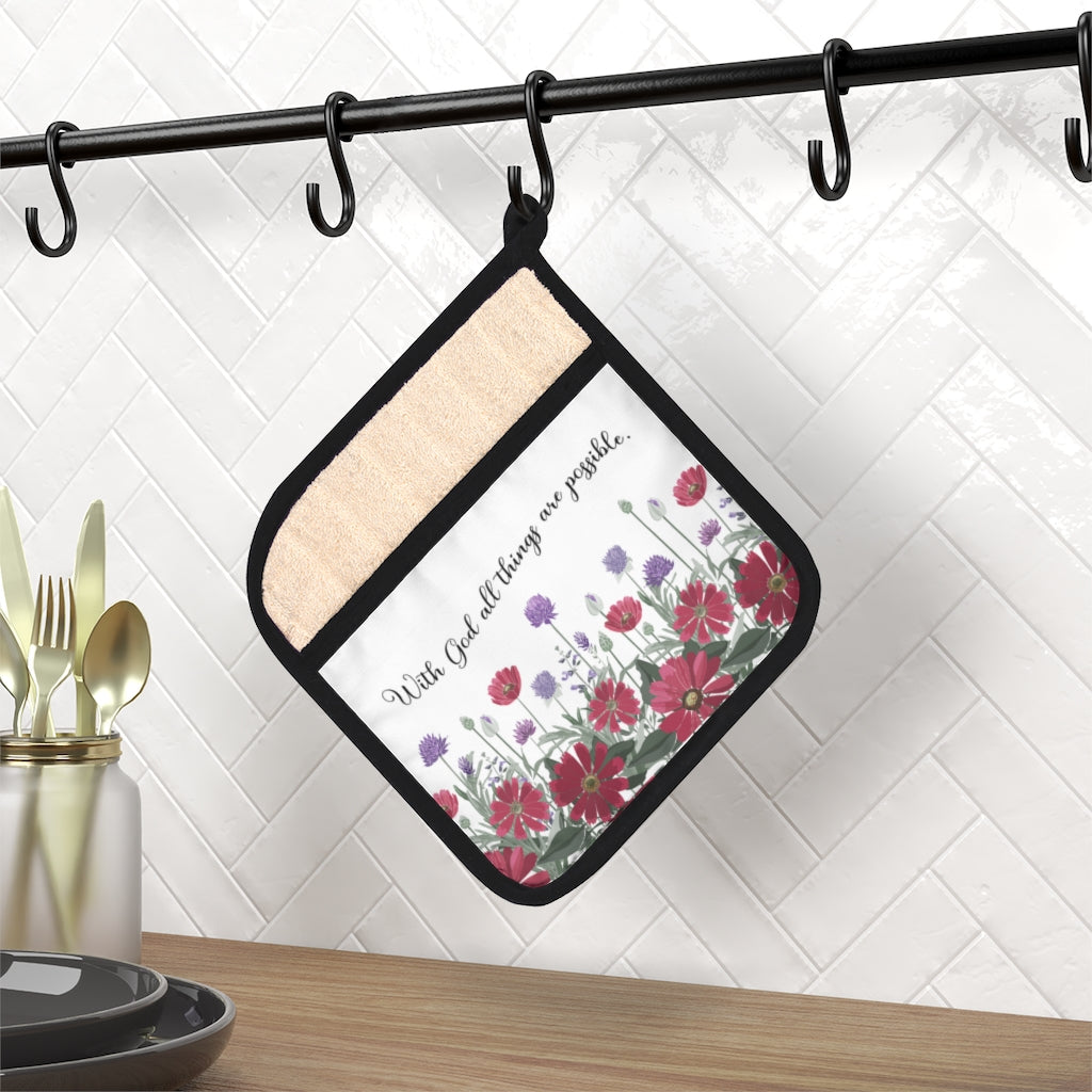 With God All Things Are Possible Poppies Pot Holder with Pocket | Christian Hot Pad - Amazing Faith Designs