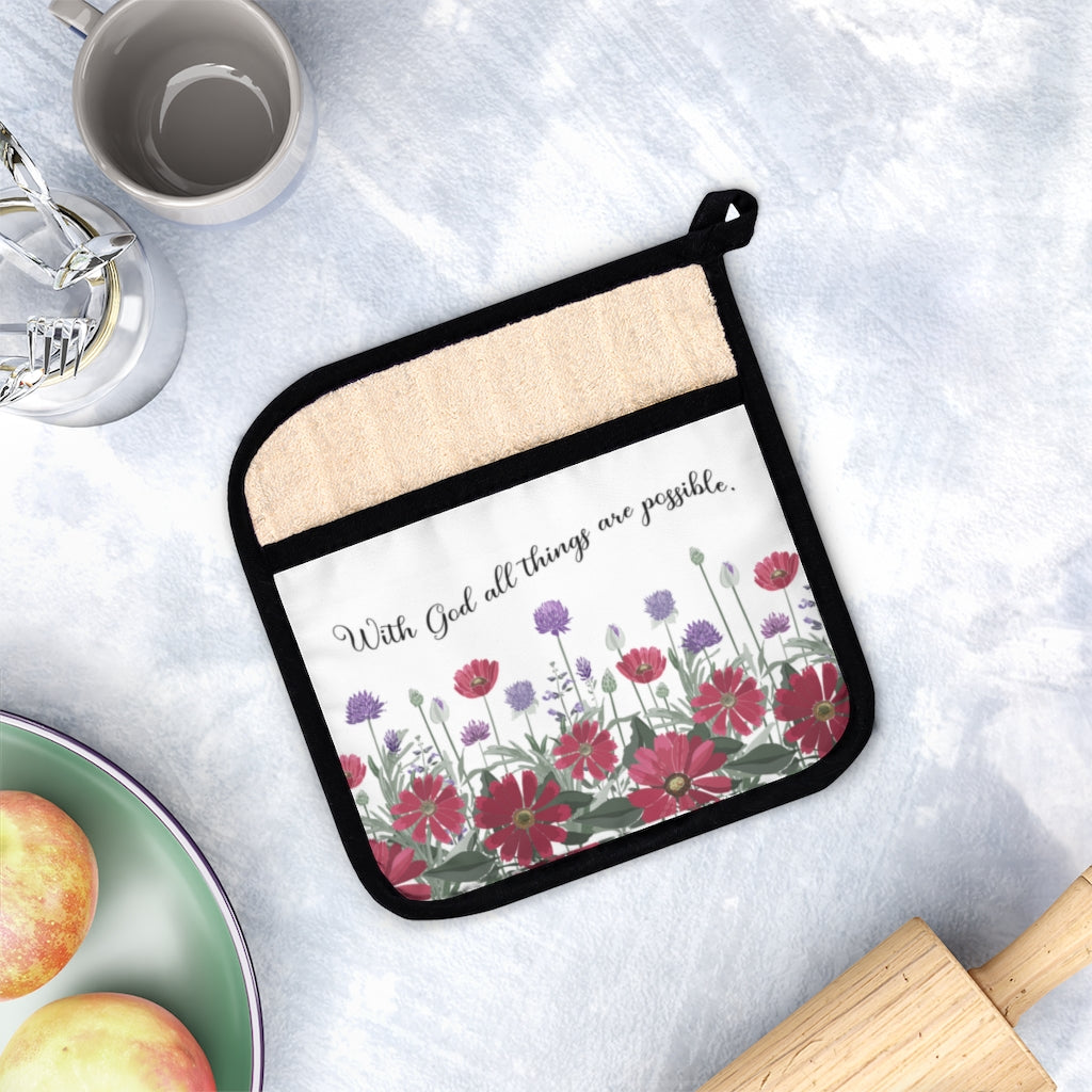 With God All Things Are Possible Poppies Pot Holder with Pocket | Christian Hot Pad - Amazing Faith Designs