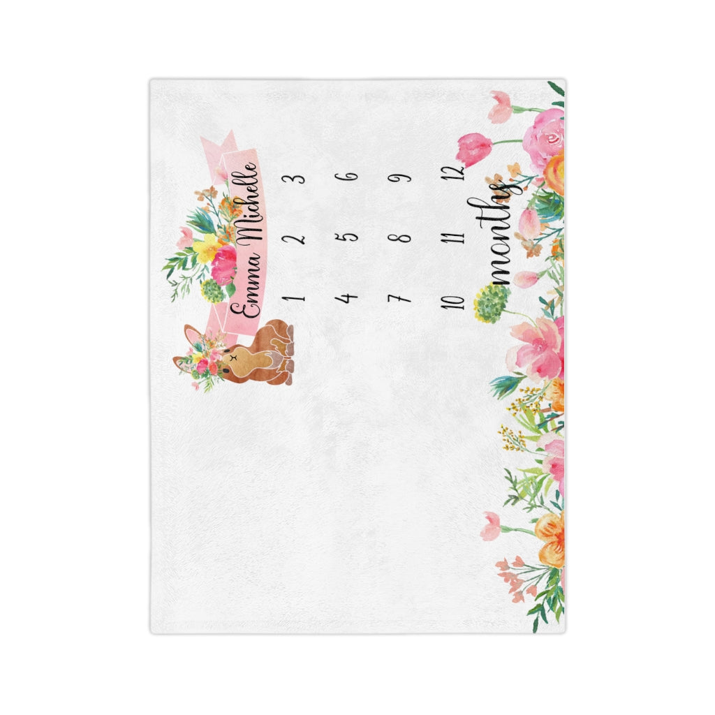 Personalized Baby Milestone Minky Blanket with Pink Floral Bunny - Amazing Faith Designs