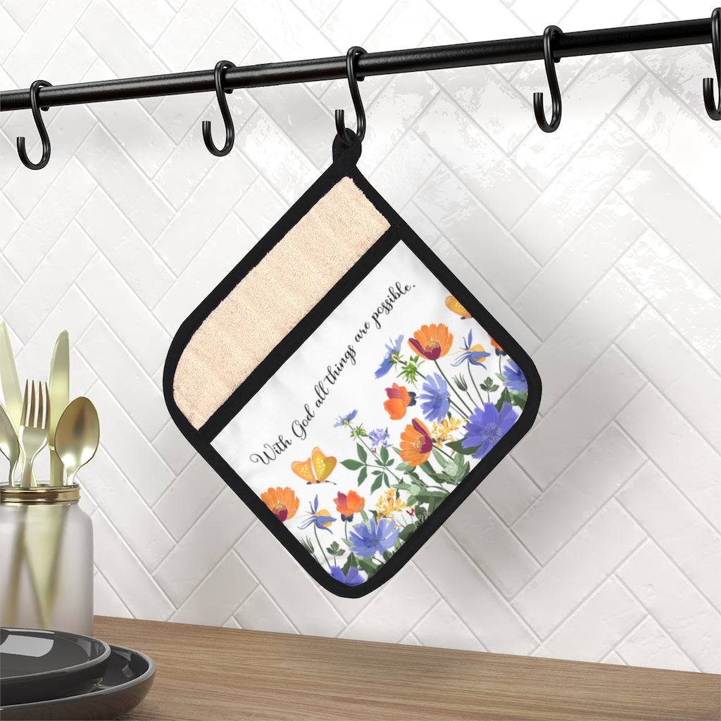 With God All Things Are Possible Orange Blue Floral Scripture Pot Holder with Pocket | Hot Pad - Amazing Faith Designs