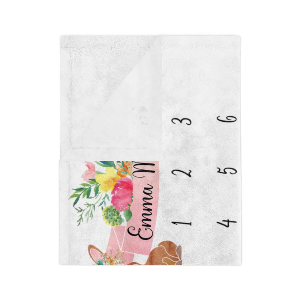 Personalized Baby Milestone Minky Blanket with Pink Floral Bunny - Amazing Faith Designs