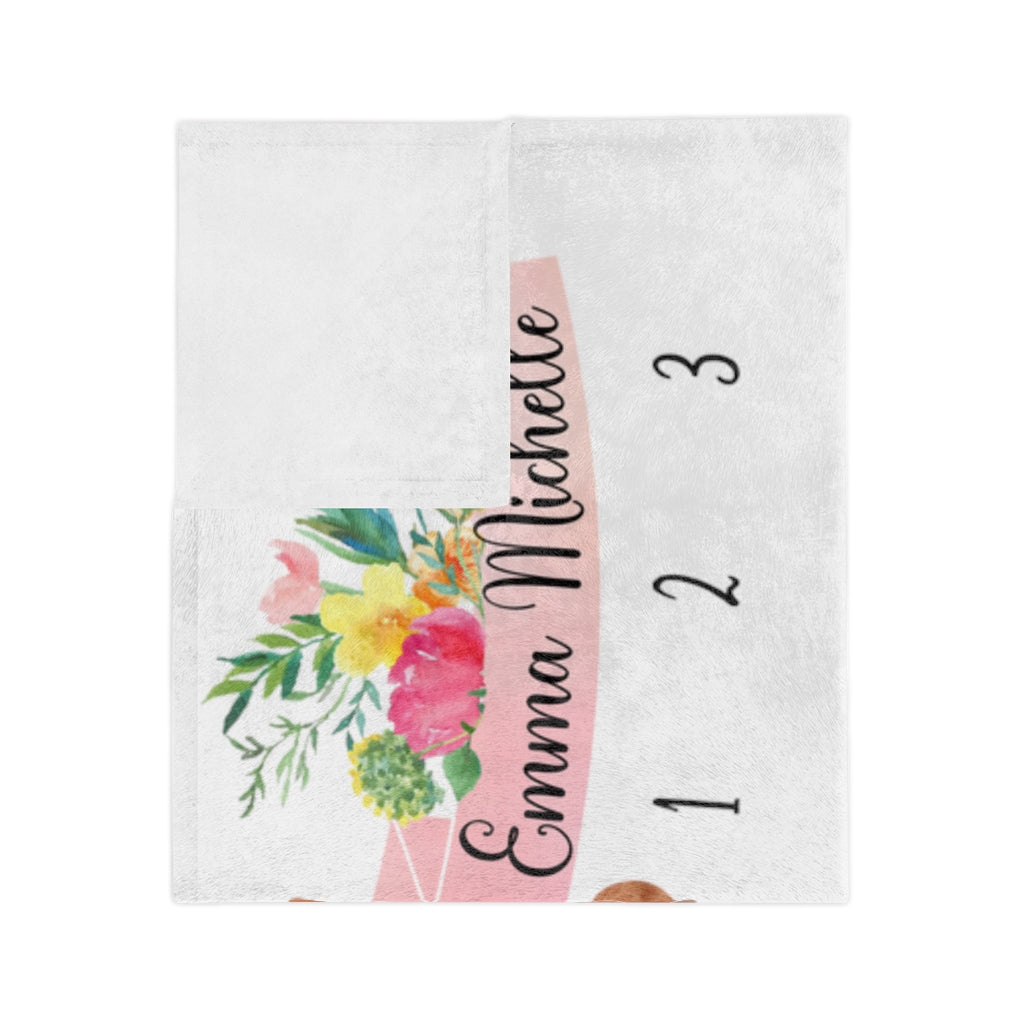 Personalized Baby Milestone Minky Blanket with Pink Floral Bunny - Amazing Faith Designs