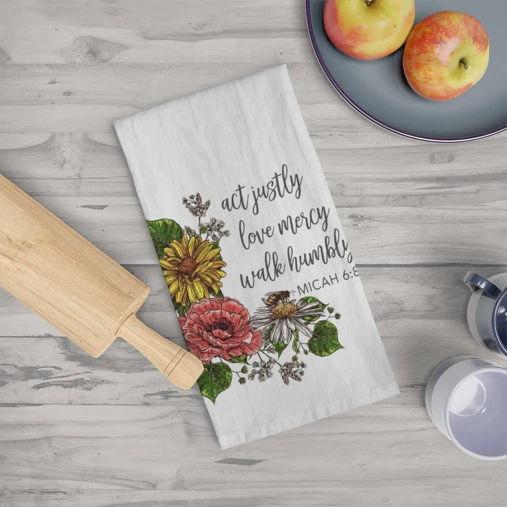 Act Justly Love Mercy Walk Humbly Tea Towel, Scripture Towel, Faith Dish Towel, Cute Kitchen Towel, Christian Gift Printify