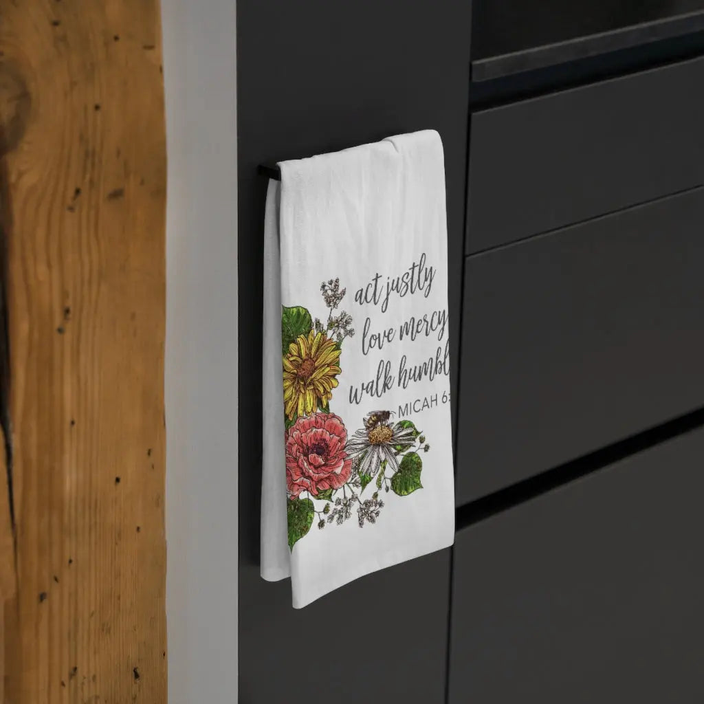 Act Justly Love Mercy Walk Humbly Tea Towel, Scripture Towel, Faith Dish Towel, Cute Kitchen Towel, Christian Gift Printify
