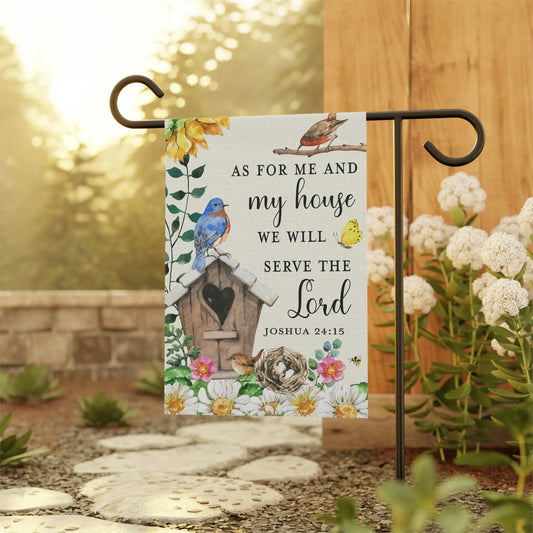 As For Me and My House Birds Birdhouse Scripture Garden Flag Printify