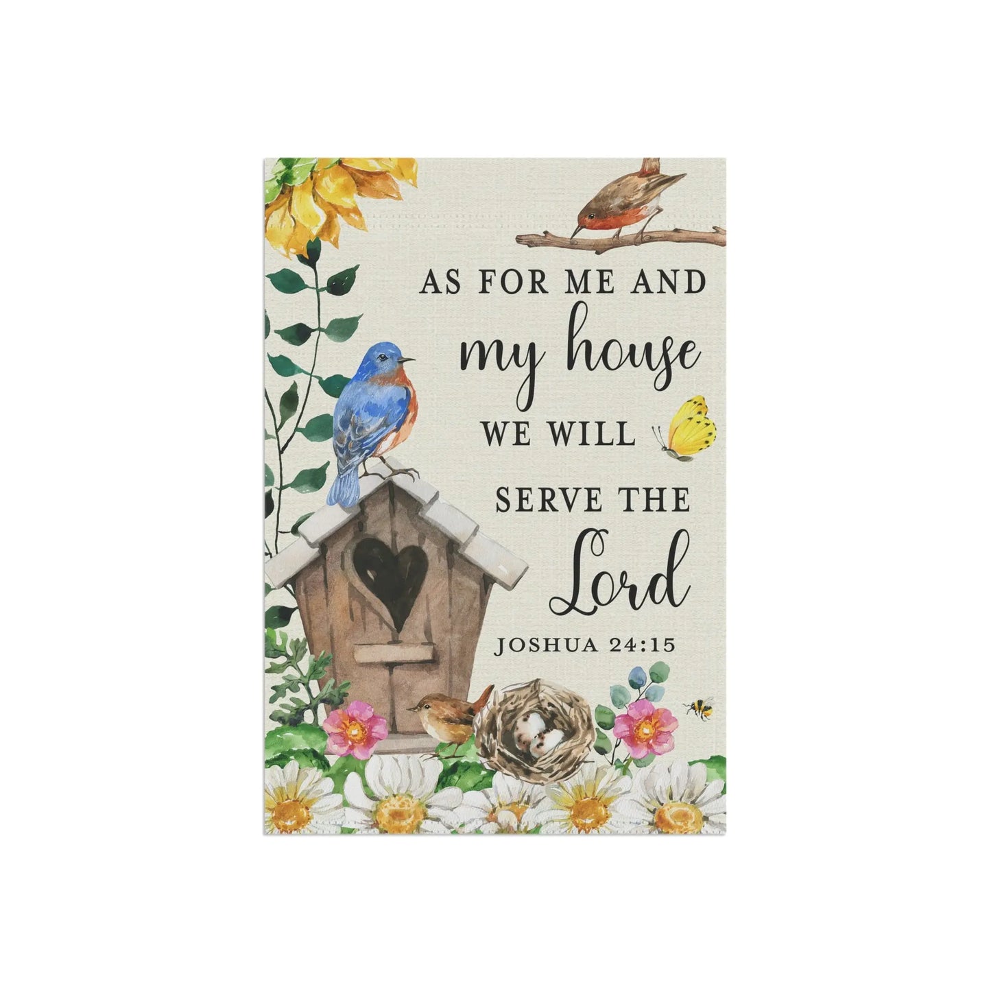 As For Me and My House Birds Birdhouse Scripture Garden Flag Printify