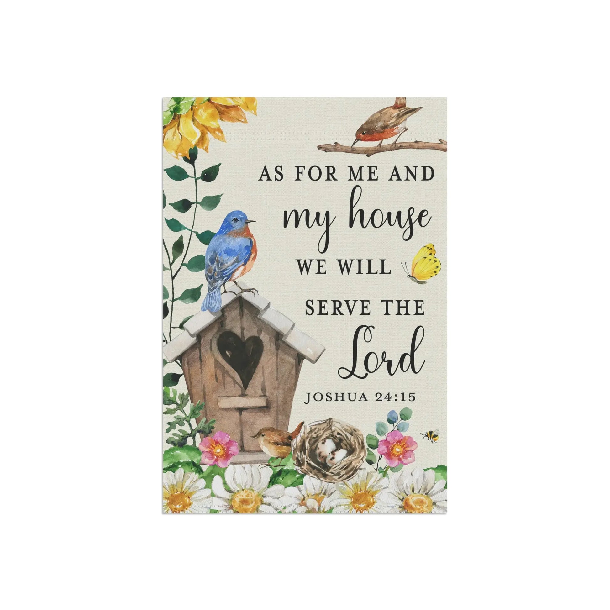 As For Me and My House Birds Birdhouse Scripture Garden Flag Printify