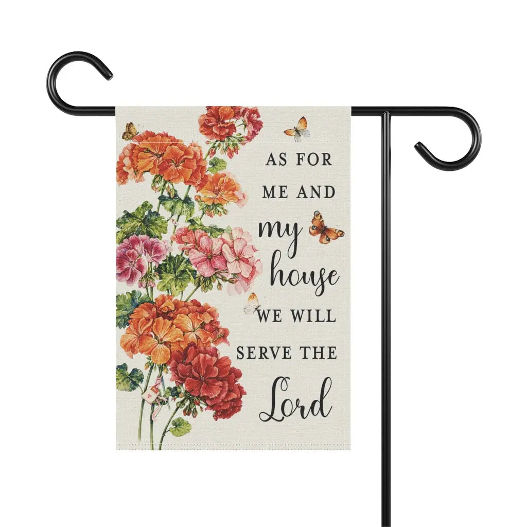 As For Me and My House Geraniums Butterflies Scripture Garden Flag Printify
